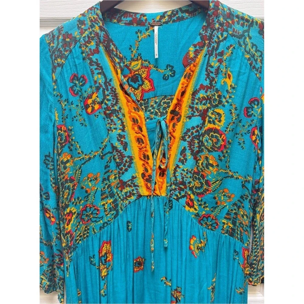 Free People If You Only Knew Blue Paisley Floral Boho‎ V-Neck Midi Dress Small